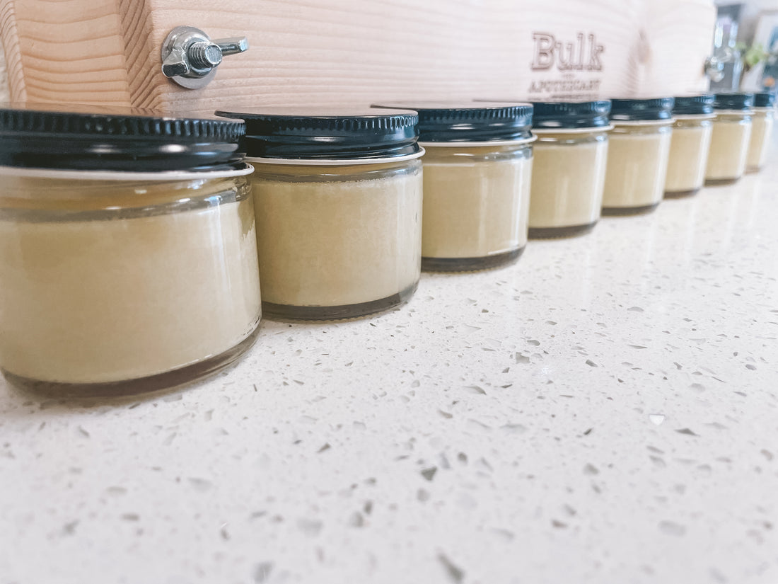 Jars of beef tallow in a line